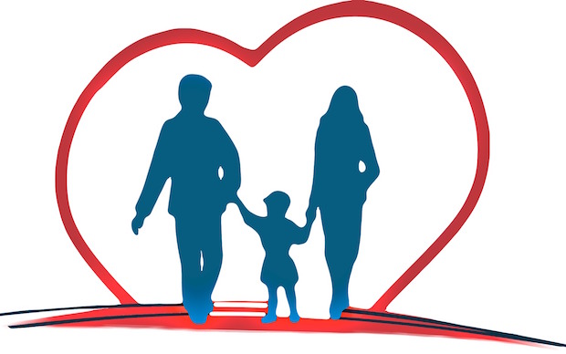 Shows an illustration of a red heart with a mother and father holding hands with their child who is between them