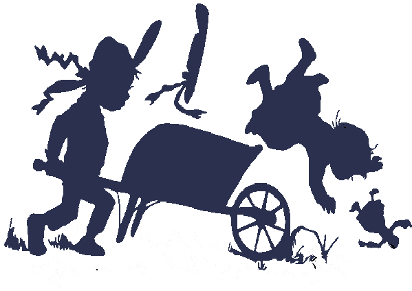 Shows a little boy pushing a cart and a small girl falling out of the cart