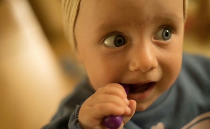 Shows a baby gnawing a small toy
