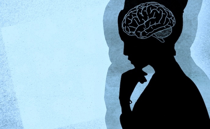 Shows the silhouette of a depressed woman on a blue background with what appears to be a sugar cube and her brain is highlighted